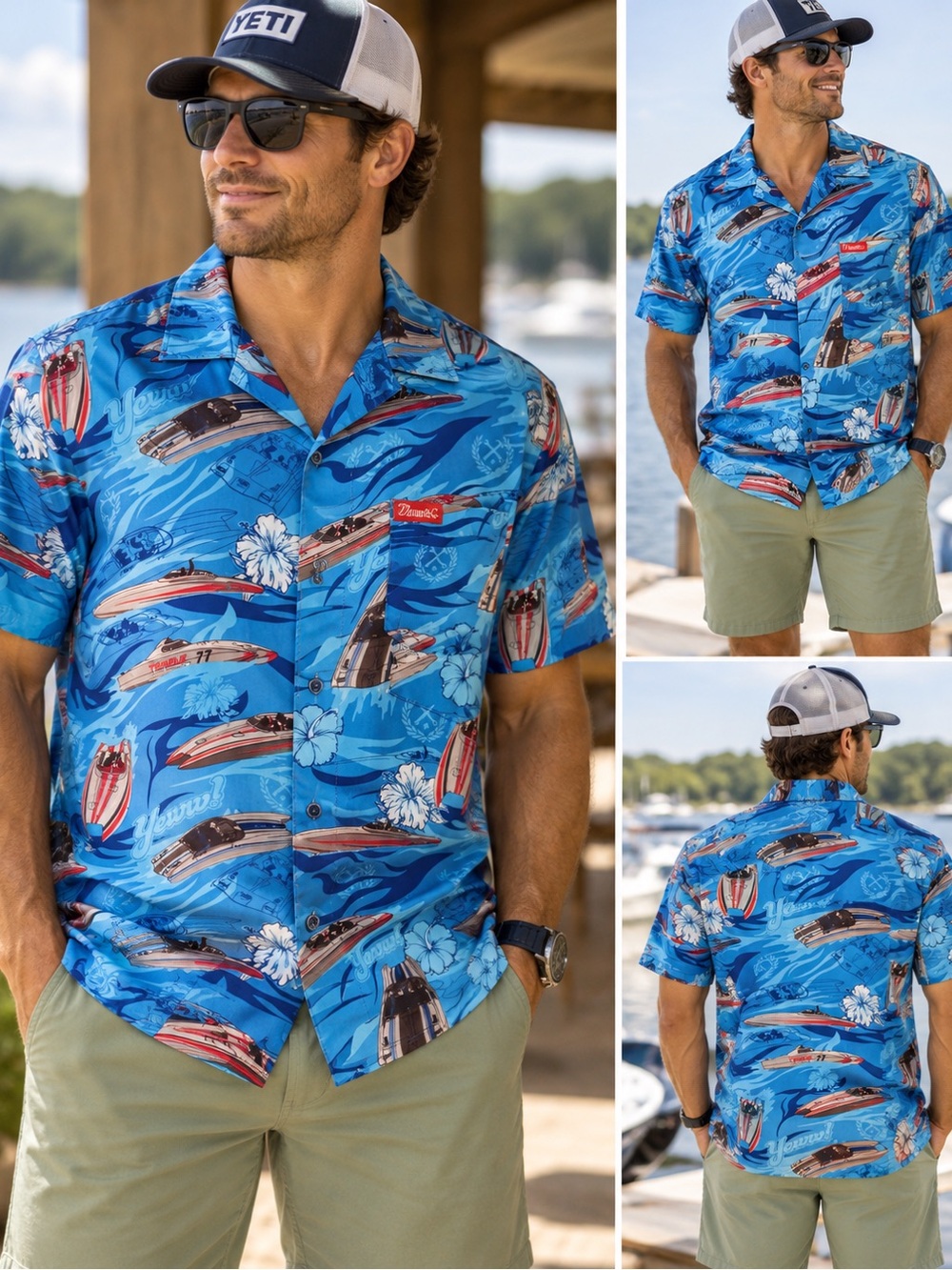DIXXON Blue Nautical Boat-Print Short-Sleeve Button-Down Shirt